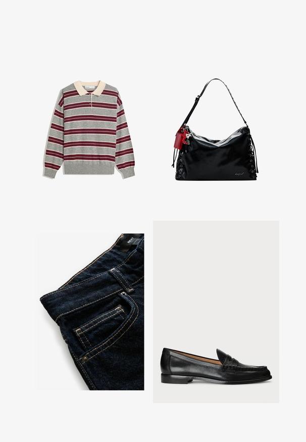 Harmaa pitkähihainen poolopaita, jossa on vaaleanbeige kaulus, vaakasuoria maroonin ja valkoisen värisiä raitoja, kolme nappia sekä joustavat hihansuut.; Tummansinisiä farkkuja, joissa on erottuva oranssi tikkaus, etutasku, niittityyli ja sileä pinta.; Lauren Ralph Lauren WYNNIE - Loaferit/pistokkaat - black; Mustakäsineinen käsilaukku, jossa on löysä muotoilu, nauhoitusyksityiskohtia sivuilla ja punainen korostustagi. Varustettu pitkällä säädettävällä hihnalla.