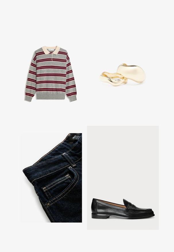 Grå langærmet polo shirt med beige krave, der har horisontale maroon og hvide striber, tre knaplukninger og ribbede manchetter.; Mørkeblue denim jeans med kontrasterende orange syninger, der har en forlomme, nitterdetaljer og en glat tekstur.; Lauren Ralph Lauren WYNNIE - Loafers - black; Guldfarvede øreringe med en organisk, bønneformet silhuet og en glat, reflekterende overflade; har et minimalistisk design uden synligt hardware.