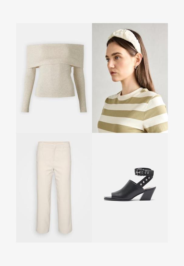 Off-the-shoulder fitted top in vaalean beige ribbed knit, jossa on pitkät hihat ja sileä rakenne. Yksinkertainen ja moderni muotoilu.; Beige, laskettu housut suoralla lahkeella, tasaisella etuosalla ja kahdella sivutaskulla. Valmistettu sileästä kankaasta, jossa on siisti viimeistely.; Avoin varvastoppa musta nahkasaapas, jossa on nilkkaremmi, solkikiinnitys ja hopeiset niittiaktsentit remmissä, sekä tukkikorko.; Kermainen pehmustettu pääpanta, jossa on kiertävä muotoilu, yhdistettynä beige-valkoraidalliseen puseroon, jossa on pyöreä pääntie. Huomaamaton koruasu.