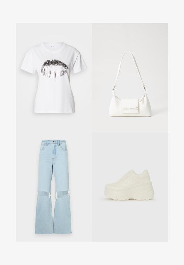 Biele bavlnené tričko s veľkým kovovým strieborným motívom pier a textovými prvkami zakomponovanými do dizajnu. Krátke rukávy a okrúhly výstrih.; Svetlomodré džínsové nohavice s širokými nohavicami, výrezmi na kolenách, frayed lemovaním a vysokým pásom. Obsahujú zapínanie na gombík a zips, klasický dizajn s piatimi vreckami.; Biele platformové tenisky s hladkým koženkovým svrchným materiálom, zaobleným tvarom, polstrovaným golierom a textúrovanou gumovou podrážkou s výrazným vzorom.; Biela syntetická kabelka s trojuholníkovým tvarom, plochým predným klapkou a detailom mašle, nastaviteľným popruhom, hladkou textúrou a minimalistickým dizajnom.