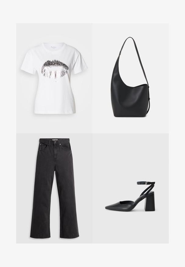 Fehér pamut póló, nagy, fémes ezüstszínű ajak grafikával, amelybe szöveges elemek is be vannak építve. Rövid ujjú, kerek nyakkivágással.; Fekete farmer széles lábacskájú nadrág magas derékkal, öt zsebbel és fémből készült gombos záródással. Az anyag sima, enyhén fakó textúrájú.; Fekete bőr, hegyes orrú magassarkú cipő boka pánttal és vastag sarokkal. Sima textúra, elegáns dizájn és minimális esztétika.; Fekete bőr hobo táska sima textúrával, ívelt formával és egyetlen állítható pánttal; széles nyílás található a tetején.