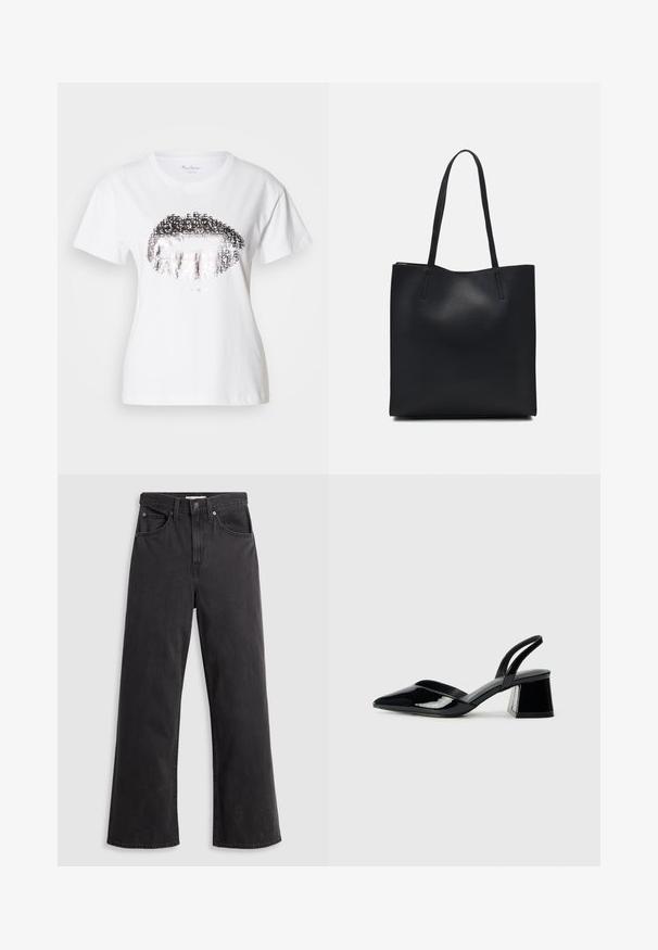 Hvit bomulls-t-skjorte med en stor, metallisk sølv leppegrafikk med tekstinnslag integrert i designet. Kortermet med rund hals.; Svarte denim bukser med vid ben, høy livhøyde, fem lommer og metalknapplukking. Stoffet har en glatt, noe falmet tekstur.; Svarte patentlær slingback hæler med spiss tå og geometrisk blokk hæl. Har et stilrent, minimalistisk design og jevn tekstur.; Svart lær tote bag med glatt tekstur, rektangulær form og to lange håndtak. Ingen synlige deler eller dekorasjoner.