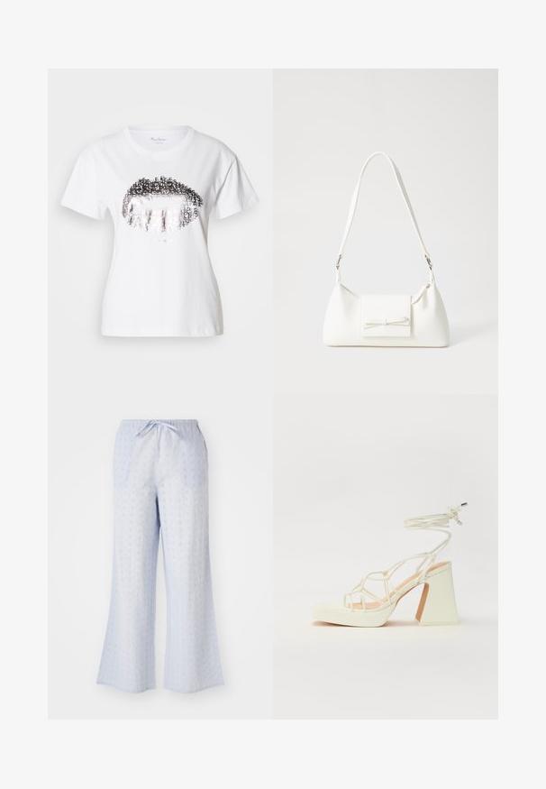 Fehér pamut póló, nagy, fémes ezüstszínű ajak grafikával, amelybe szöveges elemek is be vannak építve. Rövid ujjú, kerek nyakkivágással.; Világoskék pamut bő szárú nadrág rugalmas derékpánttal, virágmintás kivágásokkal a textúra és a szellőzés érdekében.; Fehér, magassarkú szandál vastag sarokkal, pántos dizájnnal és bokapánttal. Sima textúra, elülső platformmal a megnövelt magasság érdekében.; Fehér szintetikus kézitáska, háromszög alakú, lapos előlap, masni részlettel, állítható pánttal, sima textúrával és minimalista dizájnnal.