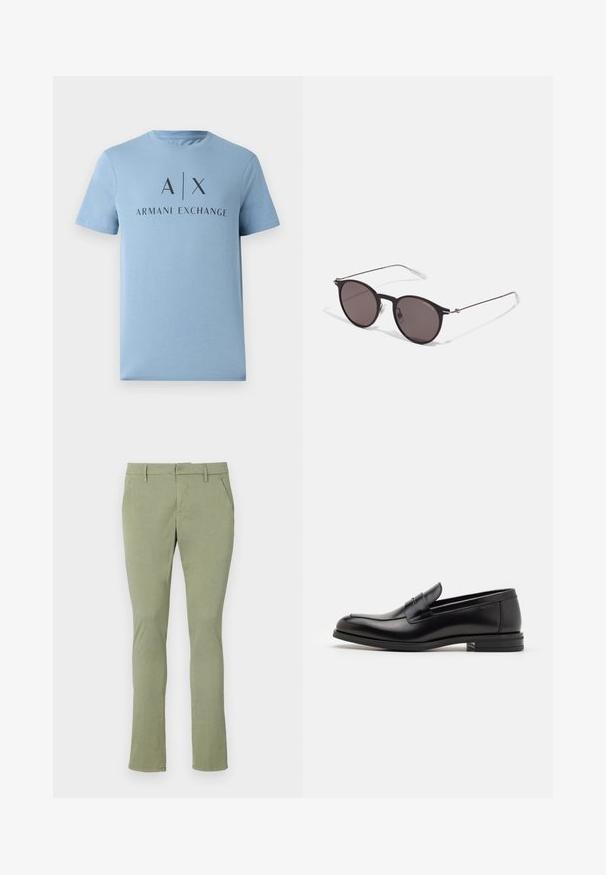 Svetlomodré bavlnené tričko s krátkymi rukávmi a okrúhlym výstrihom. Na prednej strane je tmavo potlačené logo „A|X ARMANI EXCHANGE.“; Svetlozelené nohavice chinos s úzkym strihom, vyrobené z mäkkej látky. Majú plochý predný diel, dve bočné vrecká a klasický opasok bez ozdôb.; Čierne kožené mokasíny s hladkou textúrou, zaoblenou špičkou a dekoračným pásikom cez priehlavok. Nízky vrstvený opätok, minimalistický dizajn.; Čierne okrúhle slnečné okuliare s tmavými sklami a tenkými kovovými ramenami. Obsahujú priehľadné konce rámov a strieborné akcenty na pántoch. Minimalistický dizajn.