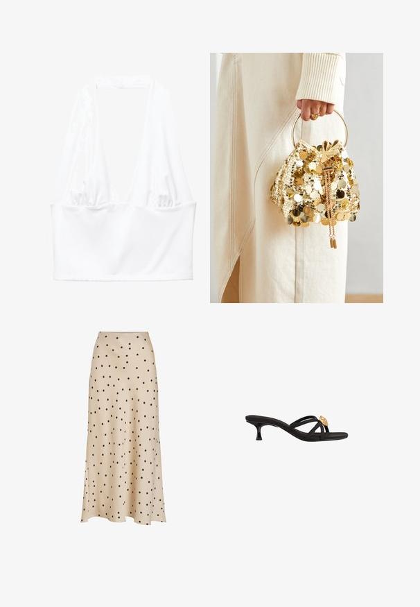 Biały top w stylu halter z głębokim dekoltem w kształcie litery V oraz marszczonym wykończeniem po bokach. Wykonany z gładkiego, elastycznego materiału.; Beżowa midi spódnica wykonana z gładkiego materiału, z całkowitym wzorem czarnych kropek, z lekko rozszerzanym krojem i detalem rozcięcia.; Czarne klapki na płaskiej podeszwie z cienkimi, skrzyżowanymi paskami. Zawierają mały, zwężający się obcas oraz złoty detal na pasku. Gładka tekstura.; Złota torebka worek z cekinami, z okrągłym uchwytem, ozdobiona błyszczącymi okrągłymi cekinami oraz teksturowanym materiałem. Wymiary nie są podane.