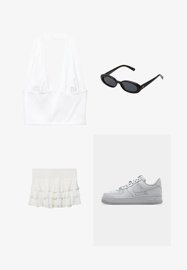 Witte halter crop top met een diepe V-halslijn en geraffineerde stofdetails aan de zijkanten. Gemaakt van glad, rekbaar materiaal.; Witte gelaagde ruchesrok met een smocked tailleband, voorzien van een lichtgewicht, getextureerde stof en een uitlopende vorm.; Witte leren sneaker met een low-top ontwerp, ronde neus, geperforeerde details en een getextureerde rubberen zool. Heeft grijze accenten op de tong.; Zwarte oversized zonnebril met ovale lenzen, een glad plastic montuur en gouden accenten op de pootjes. Donkere lenzen bieden bescherming tegen de zon.; COACH TABBY SHOULDER BAG 20 WITH PILLOW QUILTING - Schoudertas - sage