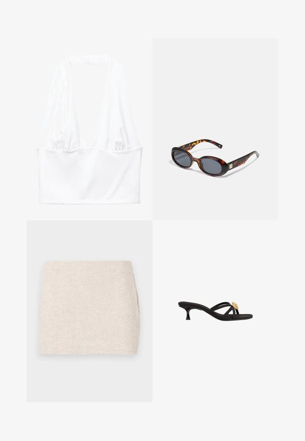 Vit halterneck crop top med djup V-urringning och rynkade tygdetaljer på sidorna. Tillverkad av ett mjukt, stretchigt material.; Beige linnekjol med en minimalistisk design, som har en mjuk textur och subtil väv. Den har en rak, enkel skärning utan synliga knäppningar.; Svarta slidesandaler med tunna, korsade remmar. Har en liten, avsmalnande häl och en guldfärgad detalj på remmen. Slät textur.; Bruna skilpaddssolglasögon med ovala linser och mörkgrå ton. Har en accent i guldton på bågarna. Slät plastyta.