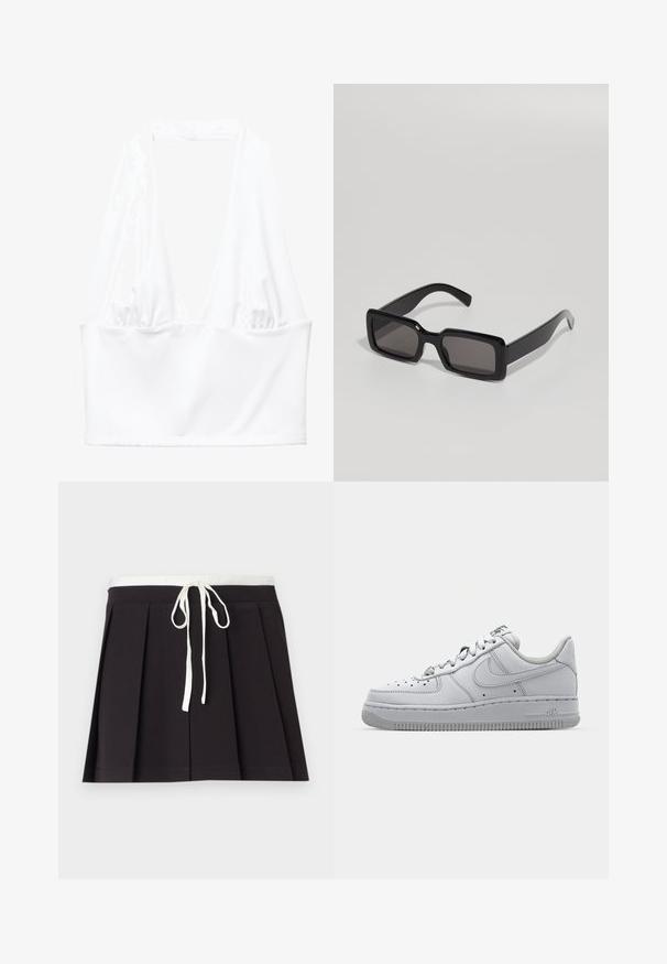 Fehér nyakba akasztható crop top, mély V-kivágással és összegyűrt anyag részletekkel az oldalán. Simogató, rugalmas anyagból készült.; Fekete redős szoknya fehér szőtt zsinóros derékkal. Puha anyagból készült, sima textúrával és egyszerű, klasszikus dizájnnal.; Fehér bőr sportcipő alacsony fazonnal, kerek orral, perforált részletekkel és textúrált gumitalppal. Szürke kiegészítők találhatóak a nyelvén.; Fekete napszemüveg, téglalap alakú kerettel, vastag műanyag kivitelben, sötét lencsékkel, sima felületekkel és lekerekített élekkel.