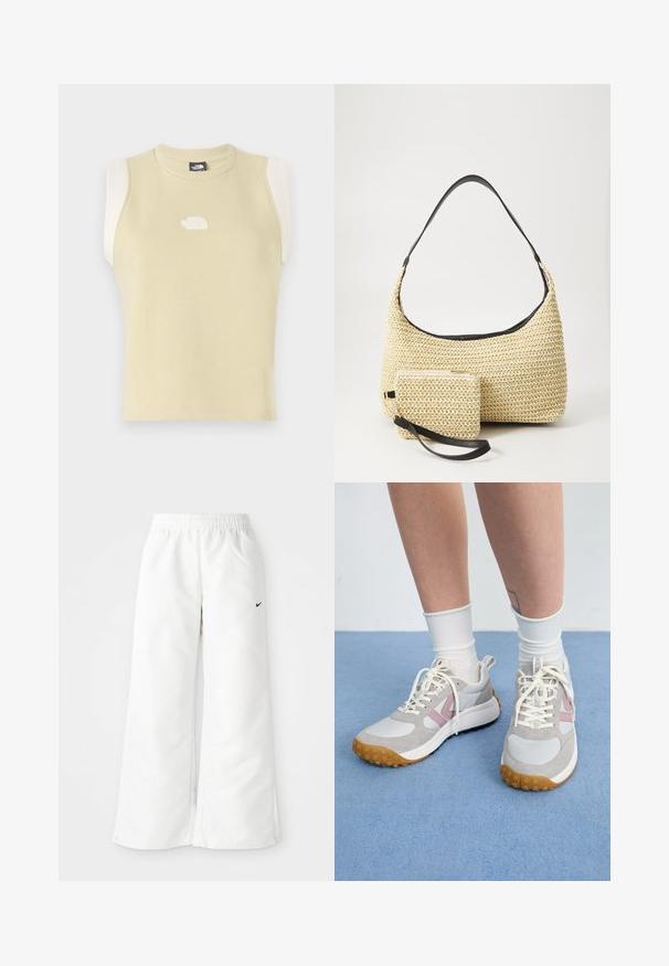 Top fără mâneci din bumbac galben pal, cu un decolteu rotund. Include panouri de umăr în contrast de nuanță crem și un logo texturat pe piept.; Pantaloni sportivi albi cu un design cu picioare largi, talie elastică și un mic logo Nike negru pe partea stângă. Material neted și ușor.; Sneakers gri deschis cu accente roz, panouri din piele albă și o talpă din cauciuc texturat. Sireturile sunt crem, iar șosetele sunt albe.; Geantă din paie țesută, cu o siluetă curbată, având o curea din piele neagră netedă și un plic mic asortat, atașat printr-un breloc pentru încheietură.