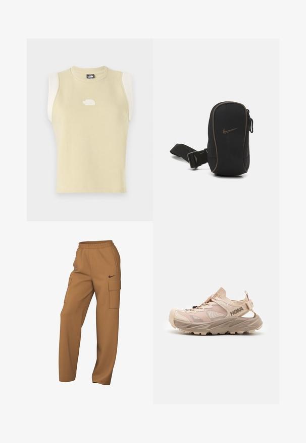 Ärmelloses Oberteil aus pastellgelbem Baumwollstoff mit rundem Ausschnitt. Verfügt über kontrastierende cremefarbene Schulterpaneele und ein strukturiertes Logo auf der Brust.; Braune Cargo-Hosen aus Stoff mit zwei Seitentaschen und einem elastischen Bund mit schwarzem Logo-Akzent. Gerades Bein Design.; HOKA HOPARA 2 - Trekkingsandale - shifting sand/dune; Schwarze Nike-Tasche mit einem Reißverschluss, strukturiertem Stoff, braunen Akzenten und einem abnehmbaren Tragegurt. Auf der Vorderseite befindet sich ein markantes Nike-Logo.