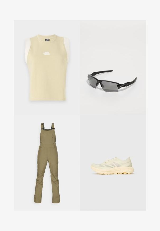 Bezrękawnik w pastelowym żółtym kolorze z bawełny, z zaokrąglonym dekoltem. Posiada kontrastowe kremowe panele na ramionach oraz teksturowane logo na klatce piersiowej.; Oliwkowe kombinezony wykonane z trwałej tkaniny, z regulowanymi szelkami, przednią kieszenią na zamek oraz dwiema kieszeniami bocznymi. Nowoczesny, funkcjonalny design.; Jasno beżowy sportowy sneaker z przezroczystą cholewką, grubą wyściełaną podeszwą, bocznymi sznurowadłami oraz logo Vibram na zewnętrznej podeszwie.; Czarne sportowe okulary przeciwsłoneczne z szarymi soczewkami, zakrzywioną konstrukcją ramy i detalem z logo z boku. Wykonane z lekkiego materiału plastikowego.