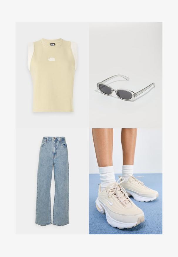 Bezramenný top v pastelově žluté bavlně s kulatým výstřihem. Obsahuje kontrastní krémové ramenní panely a texturované logo na hrudi.; Světle modré džíny s širokými nohavicemi, vysokým pasem, předním knoflíkem, zipovým uzávěrem a designem se pěti kapsami na jednobarevném pozadí.; Béžové sportovní boty s texturovaným svrškem, bílými tkaničkami a silnou bílou podrážkou. Design obsahuje jemné křivky a malé logo.; Sluneční brýle s oválným tvarem, průhledným plastovým rámem, tmavě šedými skly a tenkými průhlednými stranami s akcenty loga a minimálními detaily.