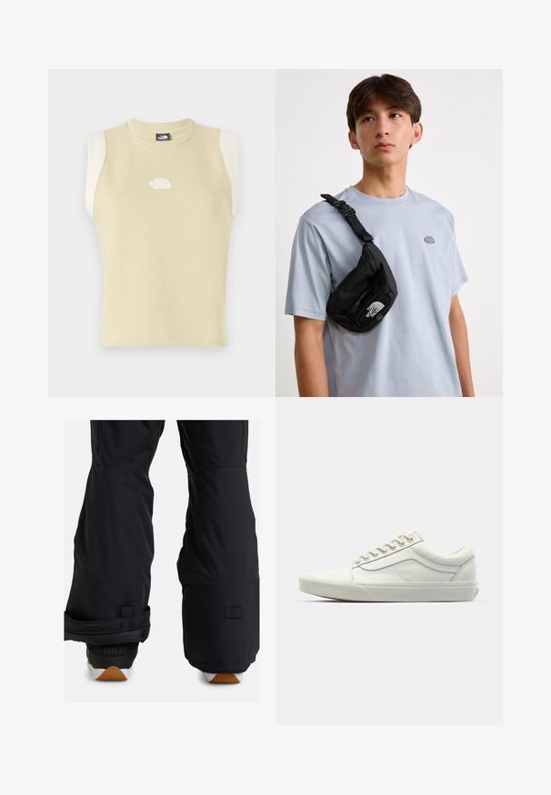 Bezrukávový top z pastelovo žltého bavlneného materiálu s okrúhlym výstrihom. Má kontrastné krémové ramenné panely a textúrované logo na hrudi.; Čierne zimné nohavice so zateplenou spodnou časťou, nastaviteľnými manžetami a elegantným matným povrchom; vhodné na zimné športy.; Biele plátenné tenisky s nízkym strihom, okrúhlou špičkou a textúrovanou gumovou podrážkou. Obsahujú posilnené švy a strieborné očká na šnúrky.; Čierna nylonová crossbody taška s nastaviteľným popruhom, so zaslúženým bielym logom. Nosená cez svetlomodré tričko. Jednoduchý, funkčný dizajn.