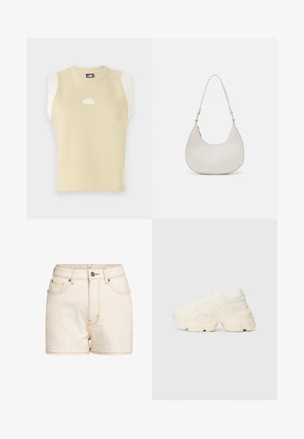 Ärmlös topp i pastellgult bomull med rundad halsringning. Har kontrasterande krämfärgade axelpaneler och en texturerad logotyp på bröstet.; Beiga denimshorts med hög midja, med kontrasterande gul sömnad, framfickor och ett märkesknäpp i metall.; Tjocka vita sneakers gjorda av texturerat mesh och syntetiska material, med en tjock sula och intrikata mönsterdetaljer längs sidorna.; Krämfärgad läderaxelväska med halvmåneform, tunn rem och subtila sömdetaljer. Minimalistisk design med detaljer i guldfärgad metall.
