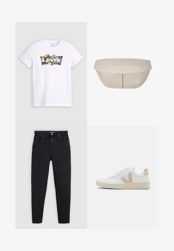 Hvid bomulds t-shirt med en farverig blomster grafik og "Levi's" tekst centreret i et buet design. Korte ærmer og rund hals.; Sorte denim jeans med en slim fit design, fem lommer og hardware i sølvfarve. Har en knaplukning og en glat tekstur.; Hvide sneakers med beige suede detaljer, rund tå og hvide snørebånd. Tekstureret gummisål og logo detaljer på hælen.; Beige stofpung med en rund form, der har en flad top og subtile sømdetaljer. Inkluderer et minimalistisk logo og en sideløkke.