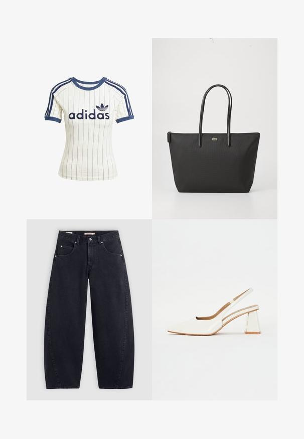 Fehér Adidas csíkos póló sötétkék részletekkel, kerek nyakkal, rövid raglán ujjal és hangsúlyos "adidas" logóval az elején.; Fekete farmer széles szárú nadrág magas derékkal, két elülső zsebből és ezüst színű fémrészekből áll. Simább anyagú, minimális varrási részletekkel és egyenes vonalvezetéssel.; Fehér patent bőr, slingback stílusú cipő, hegyes orral és geometrikus blokk sarkal. Belső terében barna talpbetét található, minimalista oldalsó kivágásokkal.; Fekete válltáska két hosszú fogantyúval, cipzáras tetejével és egy kis zöld krokodil logóval a fogantyúk alatt középen.