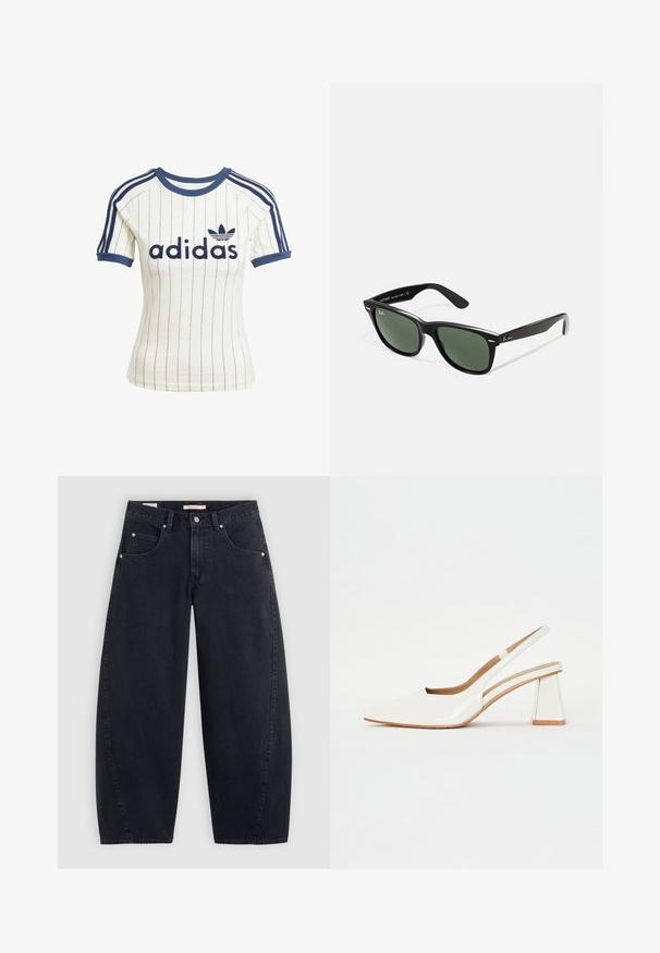 Adidase valge triibuline t-särk, millel on tumesinised aksessuaarid, ringkrae, lühikesed raglansleeved ja julge "adidas" logo ees.; Mustad teksast laiad püksid kõrge vöökohaga, kahe esipocketiga ja hõbedaste detailidega. Sile tekstuur, minimaalsed õmblusdetailid ja sirge lõige.; Valge patendi nahast slingback king, millel on terav nina ja geomeetriline plokknina. Interjööris on pruun sisetald ja minimaalne külgpilu.; Mustad mustan plastiku prillid roheliste läätsedega, ruudukujulised raamid, hõbedane aksent kulmude peal ja tekstuuriga tempelkäed. Brändi nimi on märgitud sisevarrele.; Must musta kott, millel on kaks pikka käepidet, lukuga ülemine osa ja väike roheline krokodilli logo, mis asub keskel käepideme all.