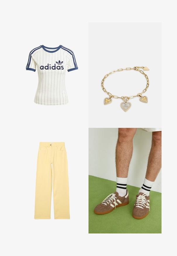 Adidas white striped t-shirt with navy blue accents, featuring a round neck, short raglan sleeves, and bold "adidas" logo on the front.; Yellow wide-leg jeans with a high waist, featuring five pockets, belt loops, and silver button hardware, made from cotton denim fabric.; Brown suede sneakers with white accents and laces. Rubber gum sole. Worn with white socks featuring black stripes. Green textured flooring.; Gold-tone heart charm bracelet with three pendant hearts, two embellished with crystals. Link chain design, featuring a secure clasp.