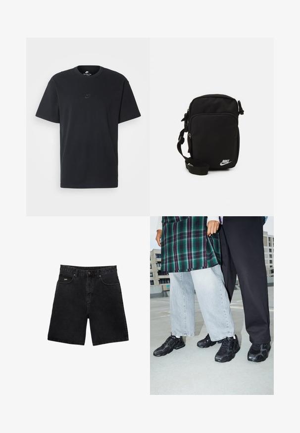 Schwarzes Baumwoll-T-Shirt von Nike mit klassischem Rundhalsausschnitt, kurzen Ärmeln und einem dezenten, geprägten Logo auf der Brust. Glatte Textur.; Schwarze Denim-Shorts mit geradem Schnitt, fünf Taschen, einem Metallknopfverschluss und dezentem Markenlogo auf der Vorderseite der Tasche.; Schwarze Sportschuhe mit Mesh- und Gummielementen. Kombiniert mit hellgrauen weiten Jeans und einem karierten grünen Oberteil. Flacher Hintergrund.; Schwarze Nylon-Schultertasche mit verstellbarem Tragegurt, Reißverschlussfächern und einem weißen Nike-Logo auf der Vorderseite. Glatte Textur, rechteckige Form.
