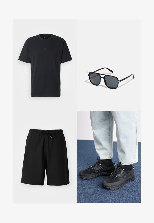 Nike svart bomull T-skjorte med klassisk rund hals, korte ermer, og en subtil, preget logo på brystet. Glatt tekstur.; Svarte bomullsshorts med elastisk livrem, snor i midjen og sidelommer. Glatt tekstur, design som rekker til kneet.; Svarte sportssko med teksturert stoff og gummisåler, med elastiske lisser og en blå detalj på hælen. Brukt med lyse denimbukser.; Sorte solbriller med ottekantet ramme, mørke linser, blank finish, tynde stænger og guld accenter på fronten.