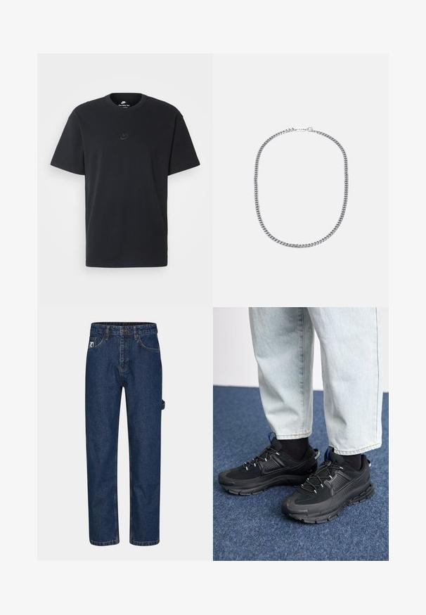 Nike melns kokvilnas T-krekls ar klasisku piegriezumu, īsām piedurknēm un smalku, reljefu logotipu uz krūškurvja. Gluda tekstūra.; Tumši zilas džinsus ar taisnu kāju dizainu, piecām kabatām un redzamu zīmola uzlīmi kreisajā priekšējā pusē.; Melni sporta apavi ar strukturētu audumu un gumijas zoli, ar elastīgām auklām un zilu akcentu uz papēža. Nēsāti ar gaišām džinsu biksēm.; Sudraba metāla ķēdes kaklarota, kurai ir biezas, savstarpēji savienotas saites, pulēta virsma un mazs aizdare ar zīmola detāli.