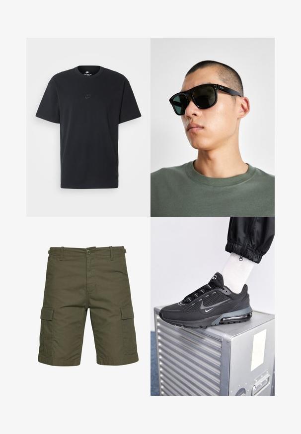 Czarny bawełniany t-shirt Nike z klasycznym okrągłym dekoltem, krótkimi rękawami oraz subtelnym, wytłoczonym logo na piersi. Gładka tekstura.; Khaki zielone szorty cargo wykonane z lekkiego materiału, z dwoma bocznymi kieszeniami z klapami, szlufkami na pasek oraz zapięciem na guzik.; Nike Sportswear PULSE czarny; Czarne prostokątne okulary przeciwsłoneczne z ciemnymi szkłami, o charakterystycznym kształcie i logo na zauszniku. Noszone przez osobę w zielonej koszuli.