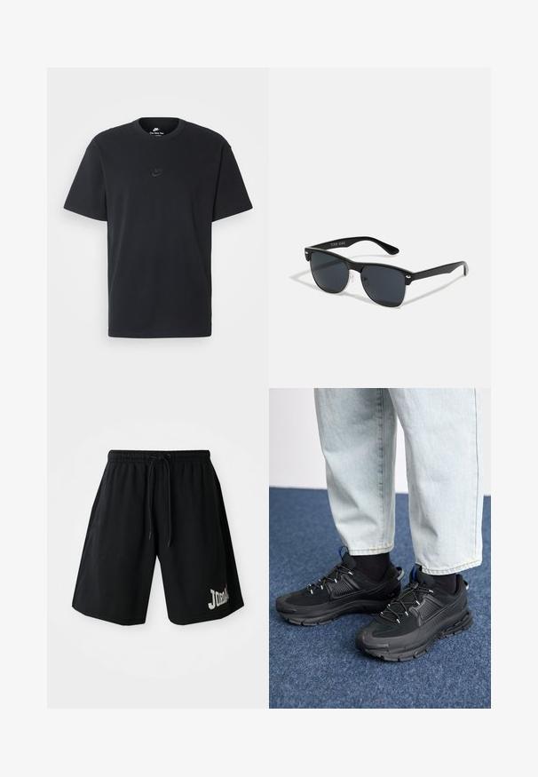 Juodas medvilninis Nike marškinėliai su klasikinėmis apykaklėmis, trumpomis rankovėmis ir subtiliu, įspaustu logotipu ant krūtinės. Sklandus tekstūra.; Juodi sportiniai šortai su elastinga juosmens juosta ir raišteliu, kuriuose matomas ryškus „JORDAN“ logotipas ir mažas raudonas simbolis.; Juodi sportiniai bateliai su tekstūruota medžiaga ir guminiais padais, su elastingomis raišteliais ir mėlynu akcentu ant kulno. Dėvimi su šviesiai mėlynomis džinsinėmis kelnėmis.; Juodos saulės akinių su stačiakampiu rėmeliu, tamsiais lęšiais, sidabrinėmis detalėmis šventrajose ir matinio paviršiaus rėmeliu.