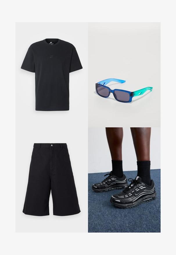 T-shirt en coton noir Nike avec un col rond classique, des manches courtes et un logo embossé subtil sur la poitrine. Texture lisse.; Shorts en coton noirs à coupe droite, avec poches devant, fermeture à bouton et une texture adaptée à un usage décontracté.; Des chaussures Nike noires présentent une tige en mesh avec des rayures d'accent, un laçage texturé et une semelle en caoutchouc noir. Portées avec des chaussettes noires côtelées.; Lunettes de soleil bleues et vertes avec des verres rectangulaires ; monture transparente ; branches bleues texturées ; verres sombres ; marque notable sur le côté.