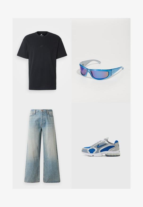 Nike musta mustast puuvillast T-särk klassikalise ümmarguse kaelusega, lühikeste varrukatega ja õrna, reljeefse logoga rinnal. Sile tekstuur.; Heledad sinine lõikega teksad, mis on valmistatud denimist. Omab kõrget taljet, nööbiga sulgemist ning peenelt tuhmuvat värvi, samuti siledat tekstuuri ja õmmeldud õmblusi.; Sinine ja hõbedane spordijalatse, mis sisaldavad võrgusilma paneele, polsterdatud kaelaosa ja läbipaistvat talla, millel on sinised aktsendid. Kontrastsed kardinatooted täiendavad disaini.; Sinised prillid läbipaistva raami, peegel-läbipaistva tooniga objektiivid ja sportlik disain, et tagada kindel istuvus tegevuste ajal.