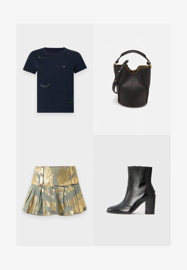 Tumesinane t-särk, mis on valmistatud puuvillast ja millel on ümar kaelus. Kleidil on mustad sädelevad poolkuu kujundid, mis on jaotatud kangale. Lühikesed varrukad.; Kuldne ja türkiissinine volditud denimseelik läikiva viimistlusega, millel on istuv vöökoht ja kontrastsete õmblustega detailid.; Must kõvale nahast pahklipsu saapad, millel on sile tekstuur, terav varvas ja paks kõrge kann. Omab külgavatust ja minimalistlikku disaini.; Mustast nahkämbriga kott tekstuurses viimistluses, kuldsete metalldetailide aktsentidega ja avatud ülaosaga. Omab lühikest käepidet ja reguleeritavat õlavarre rihma.