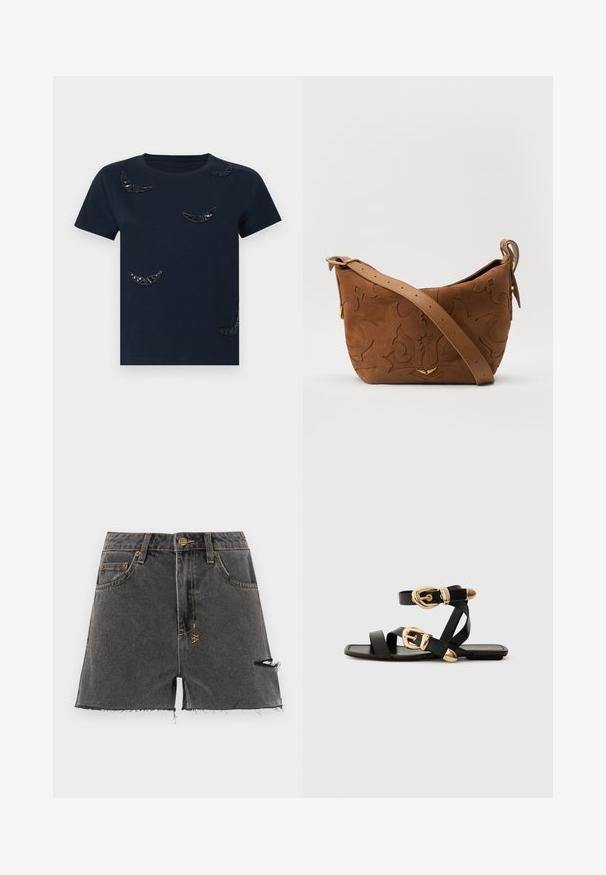 Camiseta navy de algodón con cuello redondo. Presenta diseños de luna creciente en lentejuelas negras esparcidos por la tela. Mangas cortas.; Pantalones cortos de mezclilla en gris oscuro con dobladillo deshilachado, detalles desgastados y costuras amarillas en contraste. Presenta bolsillos tradicionales y un botón en la parte frontal.; Sandalias de cuero negro con acentos de hebillas doradas, que cuentan con múltiples correas y un diseño de suela plana para usar con los dedos al aire.; Bolso de hombro de ante marrón con diseño floral en relieve, complementado por una correa de cuero marrón suave y acentos de herrajes en tono dorado.