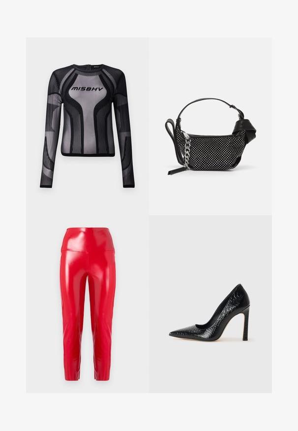 Top negro de manga larga en un material de malla transparente que presenta un diseño geométrico con rayas negras y el logo "MISBHV" en el pecho.; Pantalones rojos de tiro alto, fabricados en un material brillante y elástico. Presentan piernas ajustadas y una textura suave y brillante sin costuras visibles ni adornos.; Zapato de tacón alto negro con punta afilada y textura de piel de cocodrilo, que presenta un diseño elegante, un alto tacón de aguja y un interior negro suave.; Bolso negro con un diseño texturizado, adornado con tachuelas plateadas y una correa de cadena plateada gruesa. Presenta una forma elegante y minimalista.
