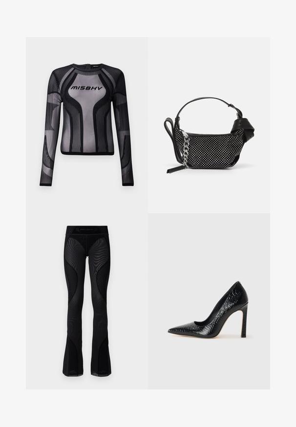 Black long-sleeve top in a sheer mesh material featuring a geometric design with black stripes and the logo "MISBHV" on the chest.; Black mesh flared leggings with textured detailing and patterned inserts. Features a high waistband with brand logo at the top.; Black pointed-toe high heel shoe with a crocodile-skin texture, featuring a sleek design, high stiletto heel, and smooth black interior.; Black handbag with a textured design, adorned with silver studs and a chunky silver chain strap. Features a sleek, minimalist shape.
