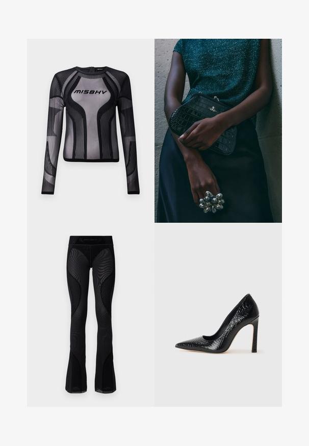 Musta pitkähihainen paita, joka on valmistettu läpinäkyvästä verkkokankaasta ja jossa on geometrinen kuvio mustilla raidoilla, sekä "MISBHV"-logo rinnassa.; Mustat verkkokudoksiset kellot leggingsit, joissa on teksturoitu yksityiskohtia ja kuviollisia lisäosia. Varustettu korkealla vyötäröllä, jossa on brändin logo ylhäällä.; Musta kapea nilkkakorkokenkä krokotiilin nahkakuviolla, joka on varustettu tyylikkäällä muotoilulla, korkealla stiletto-korkealla ja sileällä mustalla sisäosalla.; Musta krokotiilihäntäinen penaali, jossa on hopeiset yksityiskohdat, pidetään teksturoitua harmaata taustaa vasten. Pintamateriaali kiiltävä.