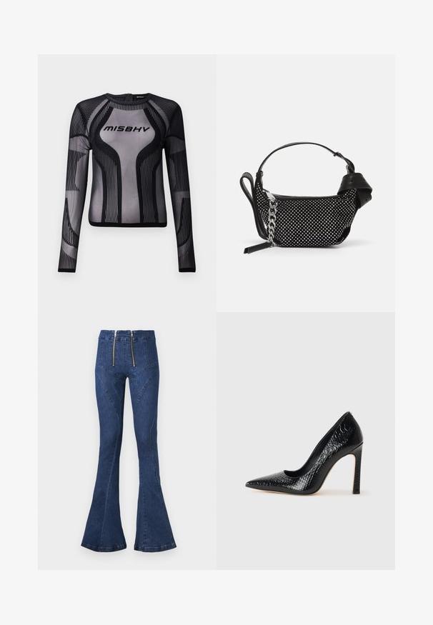 Top a maniche lunghe nero in materiale mesh trasparente, caratterizzato da un design geometrico con strisce nere e il logo "MISBHV" sul petto.; Jeans a vita alta, di un blu scuro, svasati con doppia zip frontale, caratterizzati da dettagli sulle cuciture curve e una texture denim liscia.; Scarpa nera con punta a punta alta in pelle di coccodrillo, caratterizzata da un design elegante, alto tacco a spillo e interno nero liscio.; Borsa nera con decorazioni a borchie, una tracolla a catena e un manico in pelle liscia, dalla forma rotonda e con scomparto con zip.