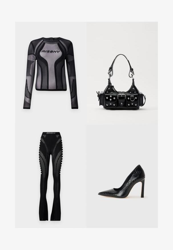 Juodas ilgomis rankovėmis viršus iš permatomos matavimo medžiagos, su geometriniu dizainu ir juodomis juostelėmis, bei „MISBHV“ logotipu ant krūtinės.; MISBHV BIANCA SEAMLESS TROUSERS - Kelnės - black; Juoda smailiakulnė aukšto kulno bateliai su krokodilo odos tekstūra, pasižymintys elegantišku dizainu, aukštu stiletu kulnu ir lygia juoda vidine dalimi.; Juodas odinis rankinukas su kreiviu dizainu, su sidabro spalvos knopkėmis, užsegimu ir dviem šoninėmis kišenėmis. Reguliuojama dirželis nešimui.