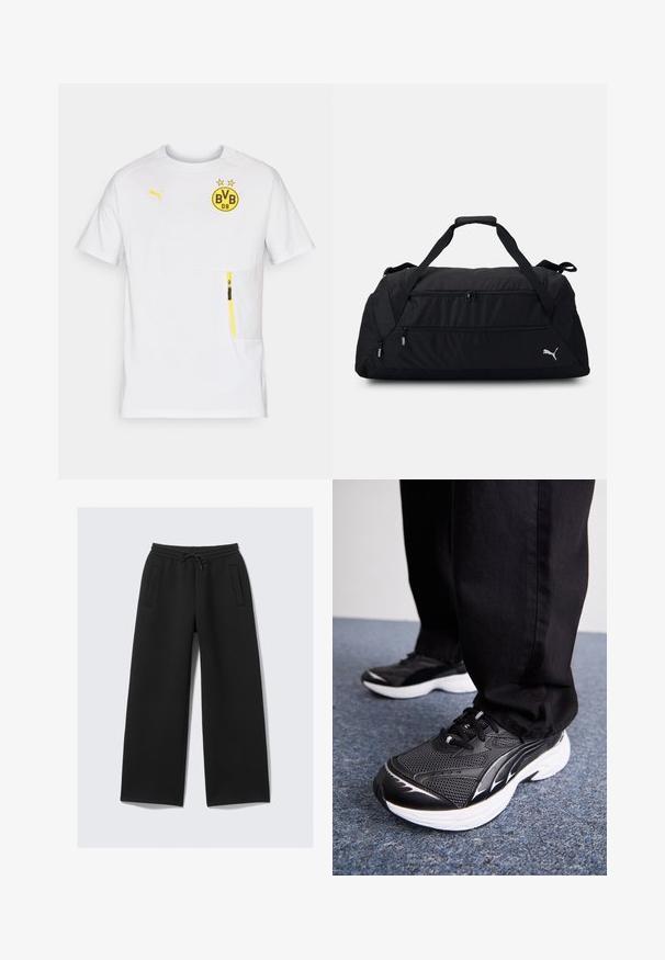 Bela športna majica s kratkimi rokavi, ki ima rumen BVB logotip, rumene detajle in žep na zadrgo na levem sprednjem delu. Lahka material.; Črne široke trenirka hlače z elastičnim pasom in vrvico, ki vključujejo dve vertikalni žepni odprtini spredaj.; Črne športne čevlje z mrežasto površino, belim podplatom in črnimi detajli. Podplat ima teksturo. Nošeni so z črnimi hlačami na modri preprogi.; Črn potovalni kovček, izdelan iz trpežne tkanine, z dvema zadrgama, oblazinjenimi ročaji in belim logotipom Puma na strani.