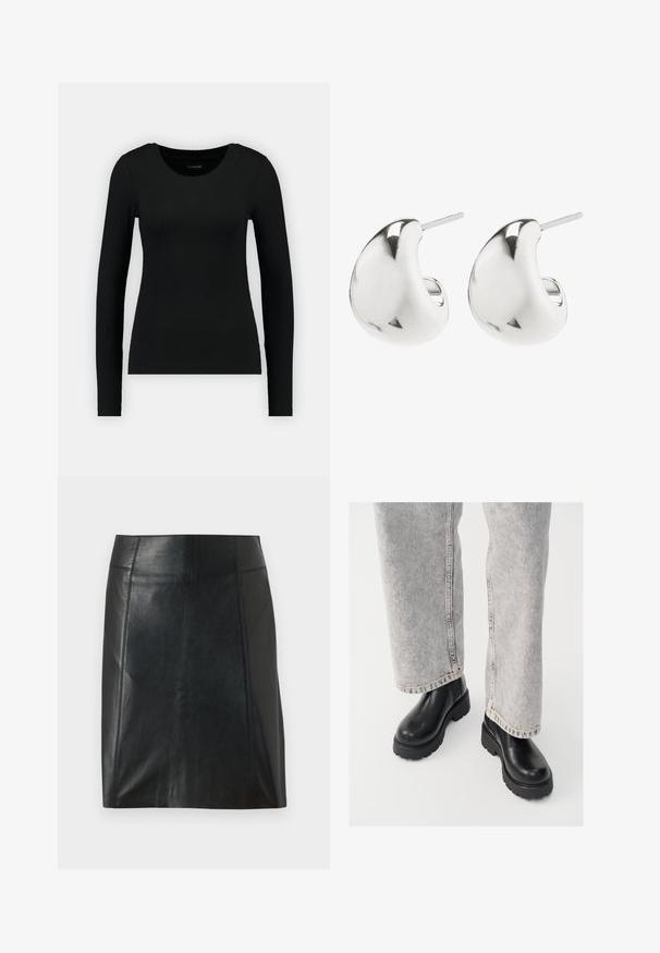Crna majica s dugim rukavima izrađena od rebraste tkanine. Ima okrugli izrez i uski kroj. Jednostavan dizajn bez uzoraka ili naglasaka.; Crna kožna suknja s prilagođenim dizajnom. Glatka tekstura, šavovi koji oblikuju siluetu i ravni rub. Minimalistički i elegantan izgled.; Vagabond COSMO - Gležnjače s platformom - black; Srebrne naušnice s glatkim, zakrivljenim dizajnom. Imaju polirani završetak i postavljen stražnji dio za sigurno nošenje.