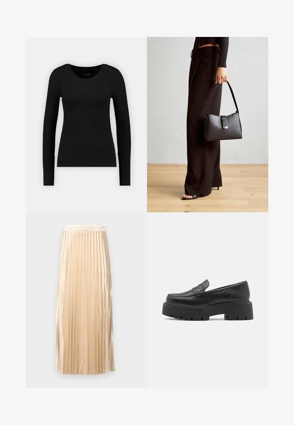 Črna majica z dolgimi rokavi, izdelana iz rebraste tkanine. Ima okroglo izrezovanje in prilegajoč silhueto. Preprost dizajn brez vzorcev ali dekorativnih elementov.; Plisirana midi krila iz svetlo bež satena, z elastiko na pasu in gladko teksturo, z navpičnimi črtami, ki poudarjajo njen dizajn.; Črne usnjene loaferke z nizkim, robustnim gumijastim podplatom, šivanim detajlom na zgornjem delu in gladko teksturo.; Črna torbica z strukturirano obliko, gladko teksturo in kovinskim zaponko. Ujemajo se z širokimi črnimi hlačami in odprtimi sandali na lesenem tleh.