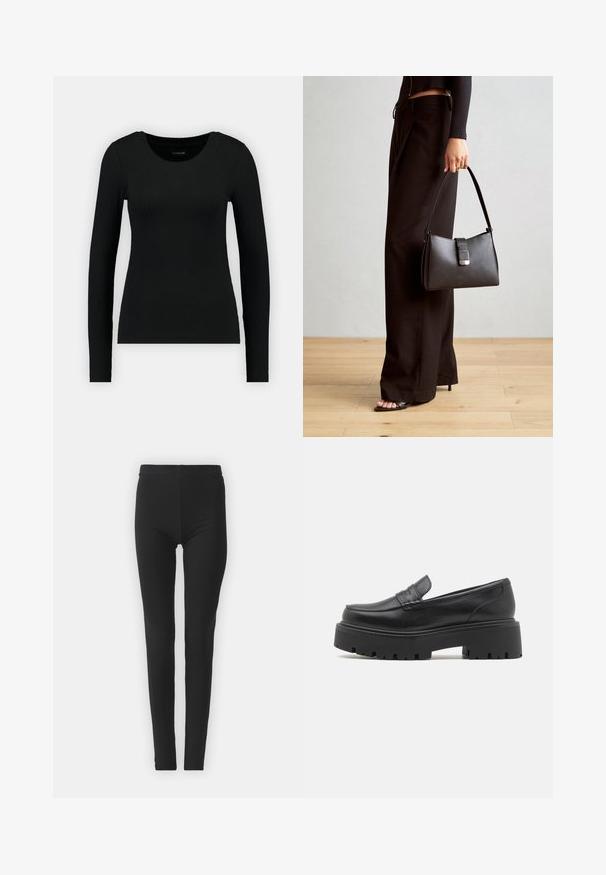 Svart långärmad tröja i ribbad tyg. Har rund halsringning och figursydd silhuett. Enkel design utan mönster eller detaljer.; Svarta, elastiska leggings med en åtsittande passform, som har en hög midja och en jämn yta. Inga synliga mönster eller hårddetaljer.; Svarta läderloafers med en låg, tjock gummisula, sömnad på ovandelen och en slät yta.; Svart handväska med strukturerad form, slät yta och metallspänne. Matchad med vida svarta byxor och sandaler med öppen tå på trägolv.