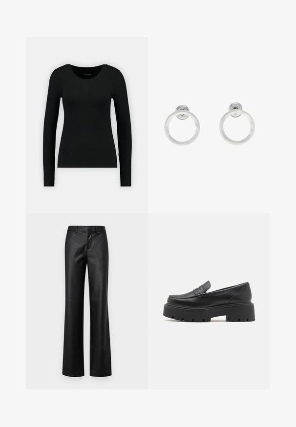 Must mustärg pikkade varrukatega särk, mis on valmistatud ribakudumist. Omab ümmargust kaelust ja kehaõiget siluetti. Lihtne disain, ilma mustrite või aktsentideta.; Must mustadest flared püksid sileda tekstuuriga, ees lukuga, vöökohalangud ja lõpetamata serv.; Mustad mustad nahast loaferid madala, tükkidega kummitaldaga, ülaosas tikitud detailide ja siledaga tekstuuriga.; Hõbedased metallist rõngastooted, millel on harjatud tekstuur, ümmargune disain ja selge tagumine post, tagamaks kindlat kandmist.