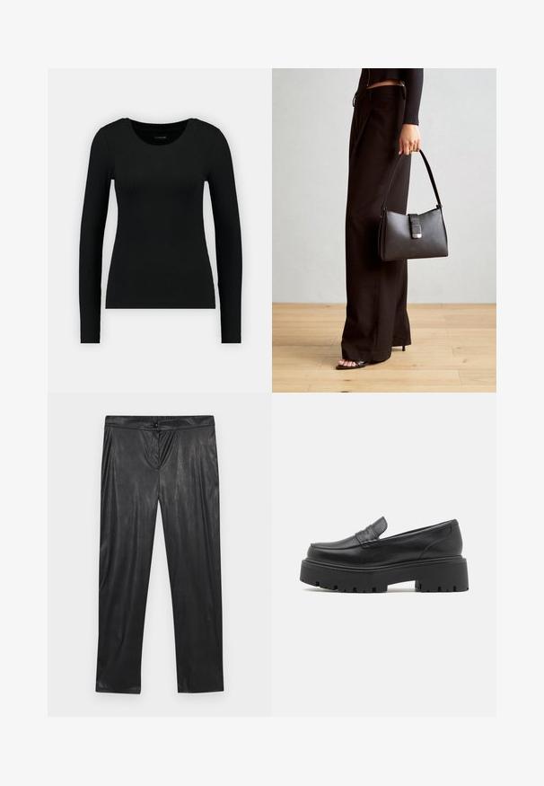 Črna majica z dolgimi rokavi, izdelana iz rebraste tkanine. Ima okroglo izrezovanje in prilegajoč silhueto. Preprost dizajn brez vzorcev ali dekorativnih elementov.; Črne hlače iz umetnega usnja z gladko teksturo, zoženimi nogami, elastičnim pasom in gumbom spredaj.; Črne usnjene loaferke z nizkim, robustnim gumijastim podplatom, šivanim detajlom na zgornjem delu in gladko teksturo.; Črna torbica z strukturirano obliko, gladko teksturo in kovinskim zaponko. Ujemajo se z širokimi črnimi hlačami in odprtimi sandali na lesenem tleh.