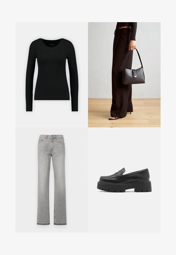 Maglietta nera a maniche lunghe realizzata in tessuto a costine. Presenta un scollo rotondo e una silhouette aderente. Design semplice senza motivi o accenti.; Jeans in denim grigio con taglio a gamba dritta, design a cinque tasche e dettagli di cucitura a contrasto. Texture liscia e vita media.; Mocassini neri in pelle con una suola bassa e chunky in gomma, dettagli cuciti sulla parte superiore e una texture liscia.; Borsa nera con forma strutturata, texture liscia e una chiusura metallica. Abbinata a pantaloni neri larghi e sandali open-toe su un pavimento in legno.