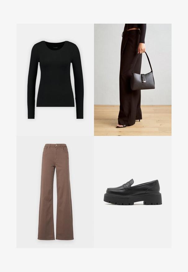Čierna dlhá rukávová košela vyrobená z rebrovanej tkaniny. Má okrúhly výstrih a priliehavý strih. Jednoduchý dizajn bez vzorov alebo akcentov.; ONLY Tall ONLJUICY - Široké nohavice - walnut; Čierne kožené mokasíny s nízkou, robustnou gumovou podrážkou, prešívanými detailmi na vrchu a hladkou textúrou.; Čierna kabelka so štruktúrovaným tvarom, hladkou textúrou a kovovou sponou. V kombinácii so širokými čiernymi nohavicami a sandálmi s otvorenou špičkou na drevenej podlahe.
