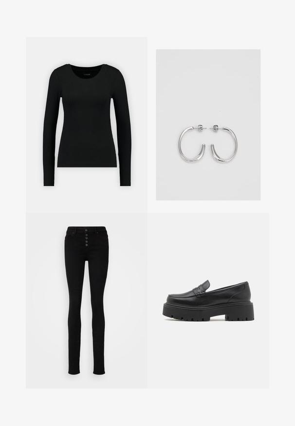 Musta pitkähihais shirt ribbed-kankaasta. Ominaisuudet: pyöreä pääntie ja istuva siluetti. Yksinkertainen muotoilu ilman kuvioita tai korostuksia.; Musta korkeavyötäröinen slim fit -farkut, joissa on viisi nappia edessä, vyölenkit ja sileä pinta.; Mustat nahkasaappaat matalalla, paksulla kumipohjalla, ylätiedossa on tikkauskoristelu ja pinta on sileä.; Hopehopeet hopehopeet hopehopeet hopehopeet, jolla on sileä, kiiltävä pinta. Pyöreä muoto, kevyt rakenne, jossa on neulakiinnitys.