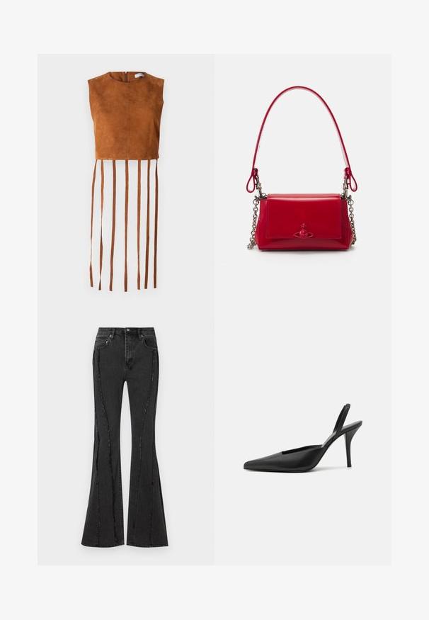 Top corto de ante marrón con escote redondo y cremallera en la parte posterior, que presenta un largo fleco vertical a lo largo del dobladillo.; Jeans de mezclilla negros acampanados con diseño desgastado y detalles de costura visibles. Cuenta con cinco bolsillos y un cierre de botón en la cintura.; Zapatos de tacón negro tipo slingback con puntera afilada, material de cuero suave y un diseño minimalista y elegante. Tacón alto en estilo stiletto.; Bolso de mano de charol rojo con acentos de cadena plateada, un asa corta y un emblema decorativo en la parte frontal. Forma rectangular compacta.