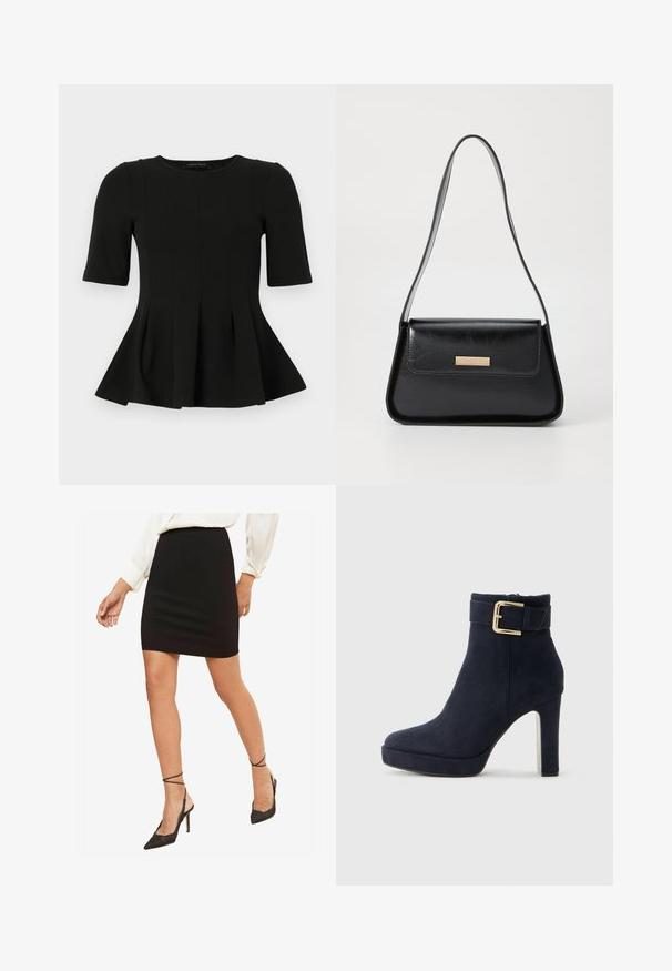 Zwarte korte mouwen peplumtop met ronde halslijn en verticale naaddetails, weergegeven op een witte achtergrond.; Zwarte strakke minirok, gladde stof, middelhoge taille, gecombineerd met zwarte puntige hoge hakken met enkelbandjes.; Zwarte suède enkellaarsjes met hoge hak, voorzien van een gouden gespsluiting en een chunky hak, tegen een witte achtergrond.; Zwarte leren handtas met een gestructureerde driehoekige vorm, slanke schouderband en hardware in goudkleur met een logo plaatje op de voorflap.