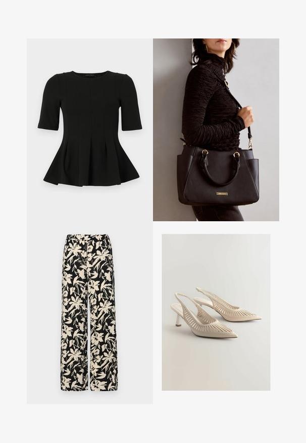 Čierny krátky rukáv peplum top s okrúhlym výstrihom a vertikálnym švom, zobrazený na bielom pozadí.; Čierne nohavice s širokými nohavicami a krémovým kvetinovým vzorom. Vyrobené z ľahkej látky, s hladkou textúrou a vysokým pásom.; Béžové sandále na podpätku so špicatou špičkou, s vykrojeným pruhovaným dizajnom, tkaným detailom a malým blokovým podpätkom. Hladký povrch.; Čierna kabelka s textúrovaným povrchom, dvojitými hornými rúčkami a nastaviteľným ramenným popruhom. Obsahuje zlaté kovanie a bočné vrecká.