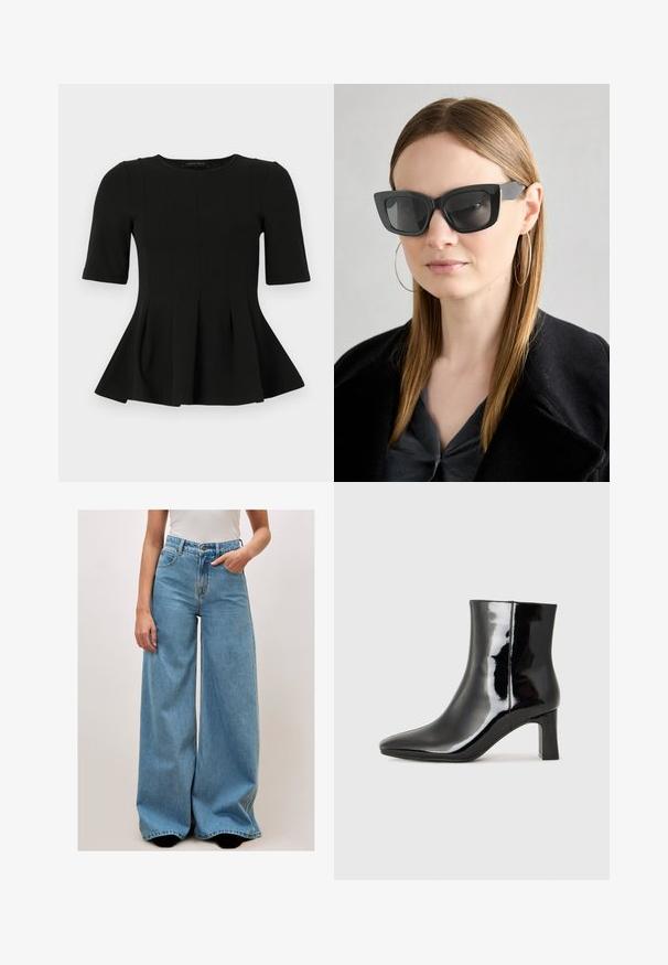 Top peplum negro de manga corta con escote redondo y detalles de costura vertical, presentado sobre un fondo blanco.; Jeans de pierna ancha azul claro con talle alto, bolsillos frontales y cierre de botón. Elaborados en denim con una textura suave y un detalle de costura mínimo.; Botín de charol negro con punta afilada y un tacón de bloque de altura media. Textura suave y diseño minimalista.; Gafas de sol de gato negro con lentes oscuros, montura gruesa y acentos sutiles. Llevadas con un abrigo negro y una blusa gris, presentando cabello largo y liso.; Bolso negro con superficie texturizada, doble asa superior y correa para hombro ajustable. Presenta herrajes en tono dorado y bolsillos laterales.