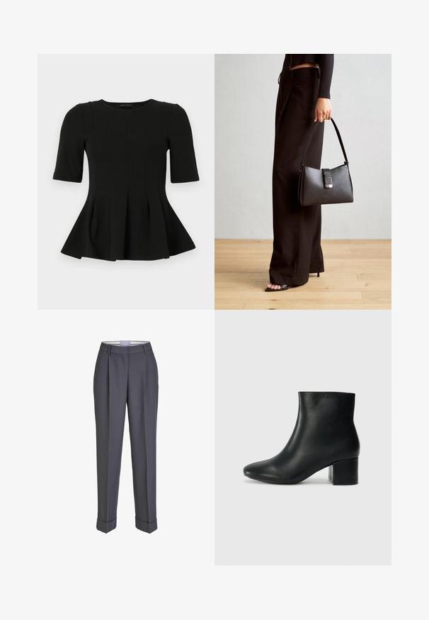 Črna kratkotrajna peplum majica s okroglim izrezom in navpičnimi šivi, prikazana na beli podlagi.; Temno sivi krojeni hlače s ravnim krojem, nagubano spredaj in zavihki na robovih. Izdelane iz gladkega blaga, z klasičnim pasom.; Črne usnjene gležnjarje s koničastim nosom in debelim peto. Gladka tekstura z minimalnimi detajli in eleganten, prilegajoč dizajn.; Črna torbica z strukturirano obliko, gladko teksturo in kovinskim zaponko. Ujemajo se z širokimi črnimi hlačami in odprtimi sandali na lesenem tleh.